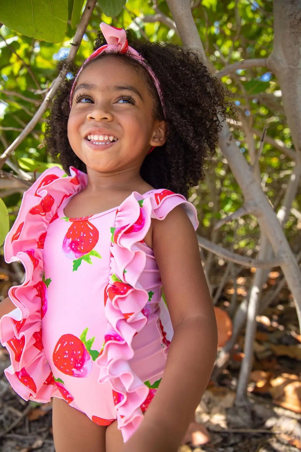 Blueberry Bay - Strawberry Seascape One Piece Swimsuit with ruffles and bow, featuring a watercolor strawberry print.