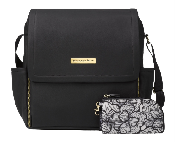 Petunia Pickle Bottom Black Matte Leatherette Boxy Backpack with pouch, modern diaper bag for mothers.