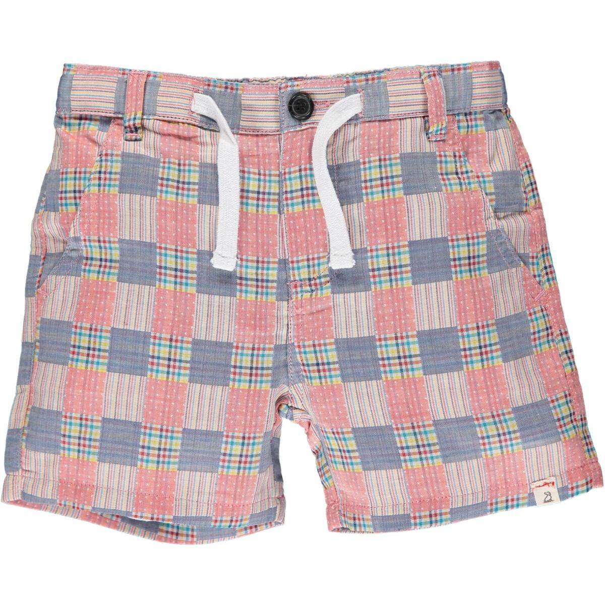 Coral Patchwork Plaid Shorts, 100% cotton, stylish and comfortable, perfect for warmer months.