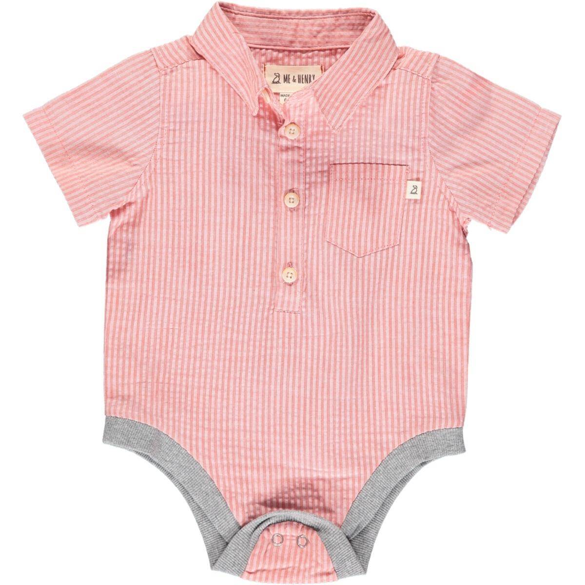 Coral seersucker short sleeved onesie by Me & Henry, 100% cotton.