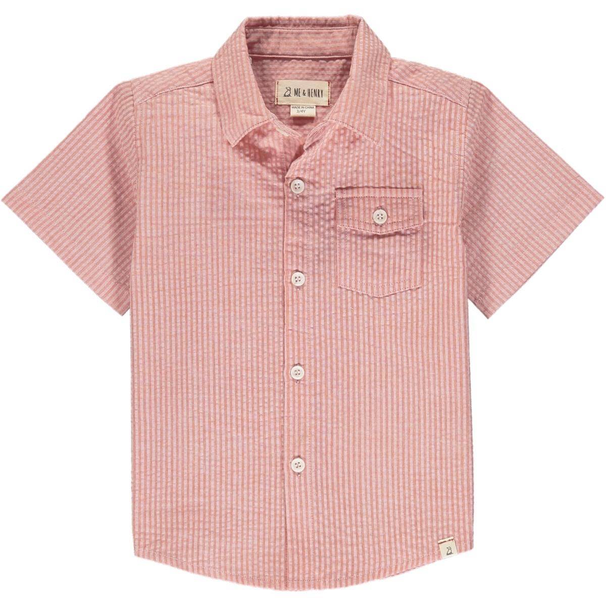 Coral seersucker short sleeved shirt, 100% cotton.