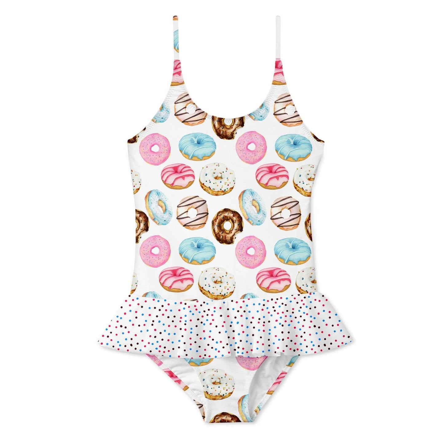 Girls' Donut Skirt Swimsuit with playful donut print and skirt design.