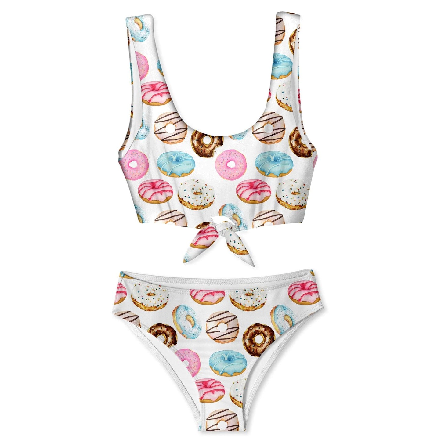 Donut Front Tie Bikini with bright donut print and adjustable front tie detail.