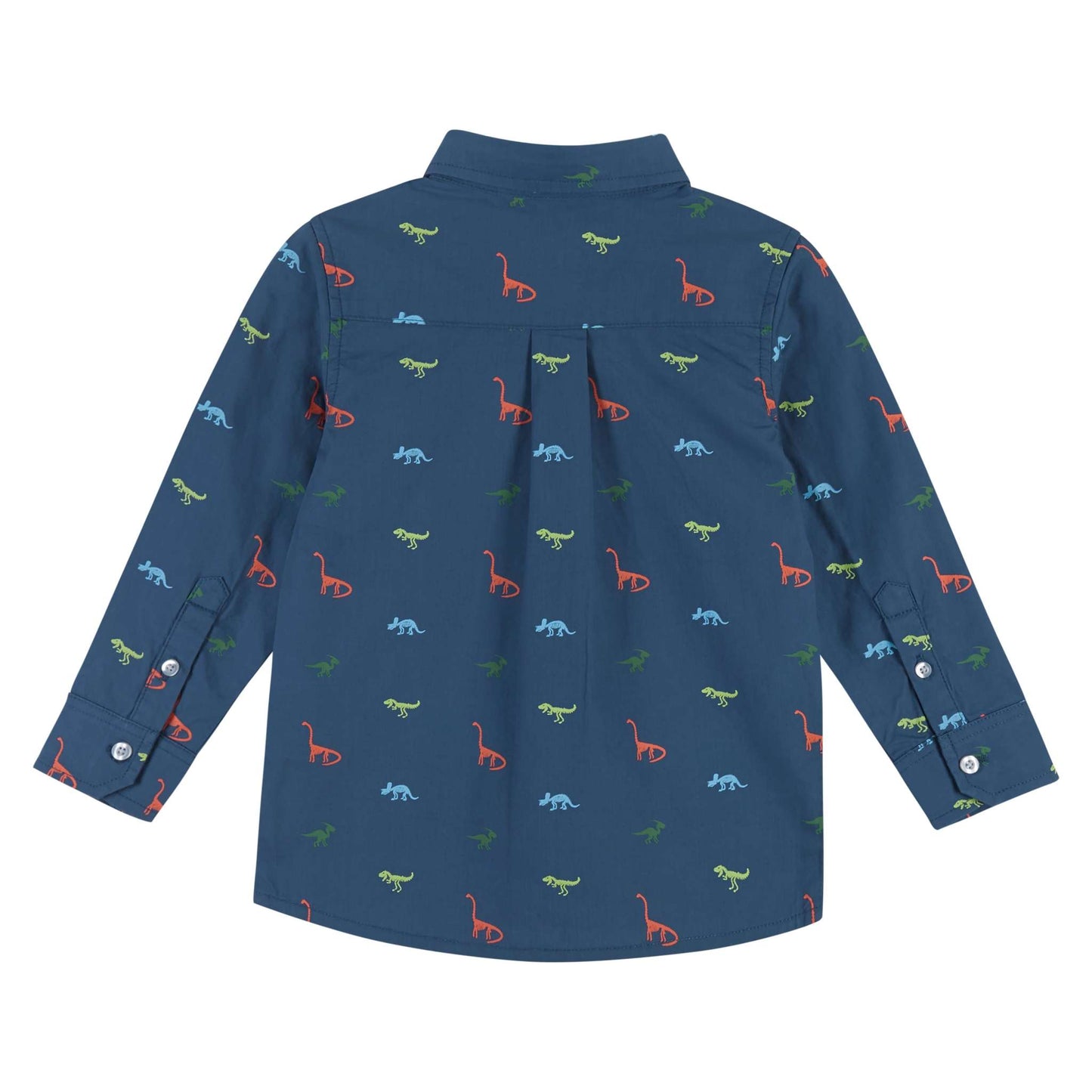 Andy & Evan boys' blue dino buttondown shirt with colorful dinosaur print.
