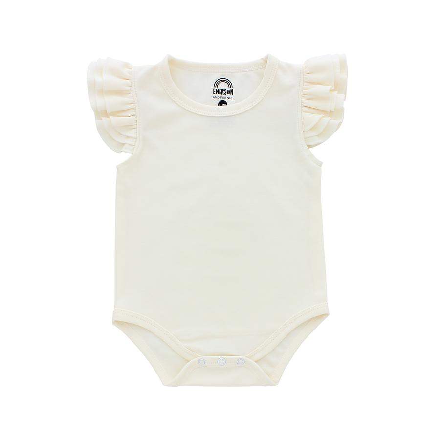 Oatmeal flutter sleeve baby onesie made of 100% premium cotton.