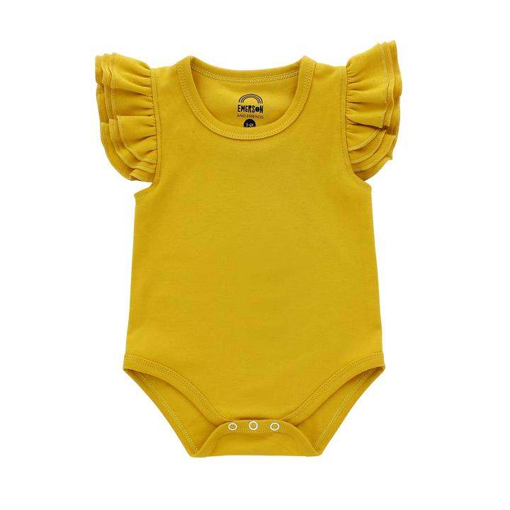 Mustard Flutter Sleeve Baby Onesie with ruffled sleeves in premium cotton.