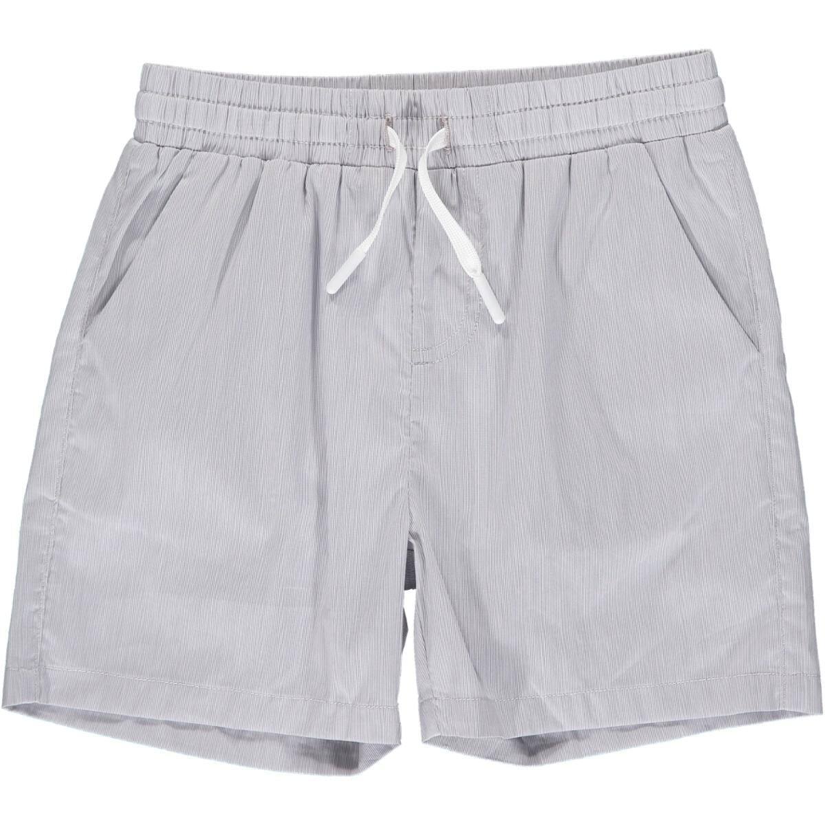 Grey Micro Stripe Swim Shorts with net lining and quick-drying 100% cotton fabric.