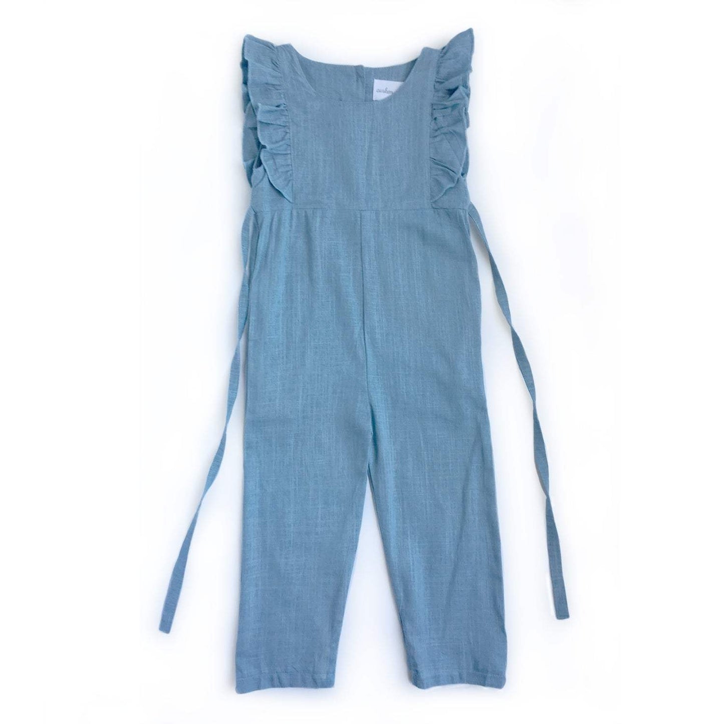 Medium Blue Linen Ruffle Romper with Pants featuring functional back buttons and waist tie.