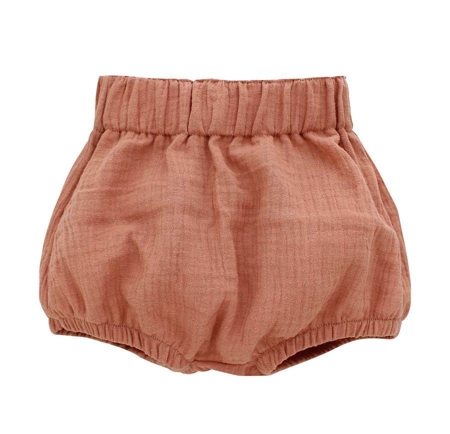 Blush Muslin Cotton Bloomers with elastic waist and leg for babies.