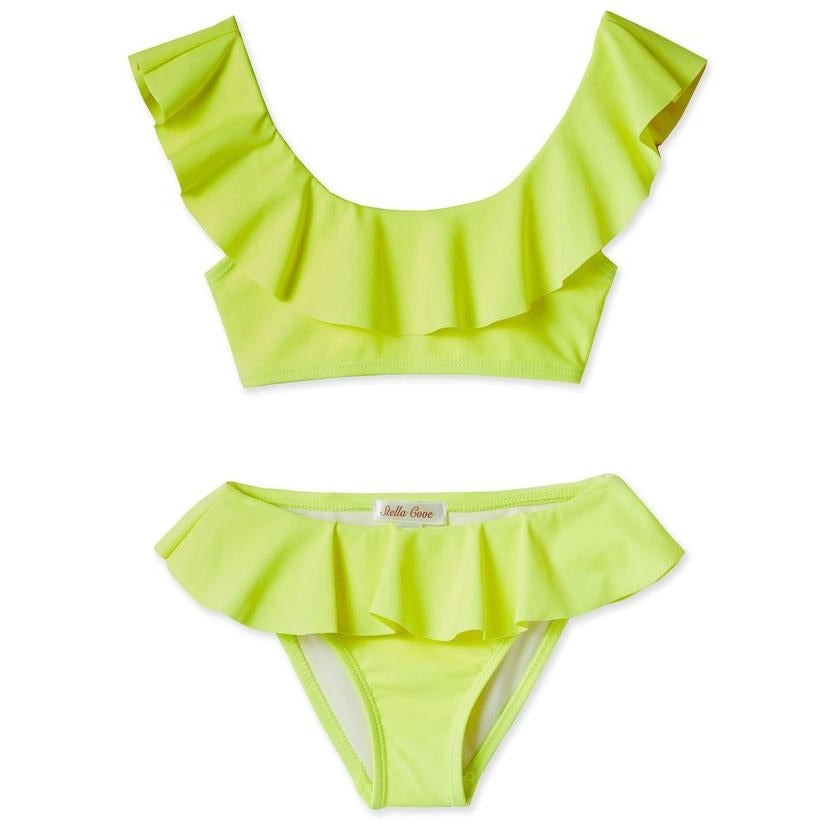 Neon Yellow Draped Bikini with Off the Shoulder Ruffle Design