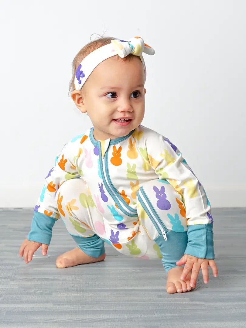 Easter-themed bamboo baby headband bow with colorful peeps print.