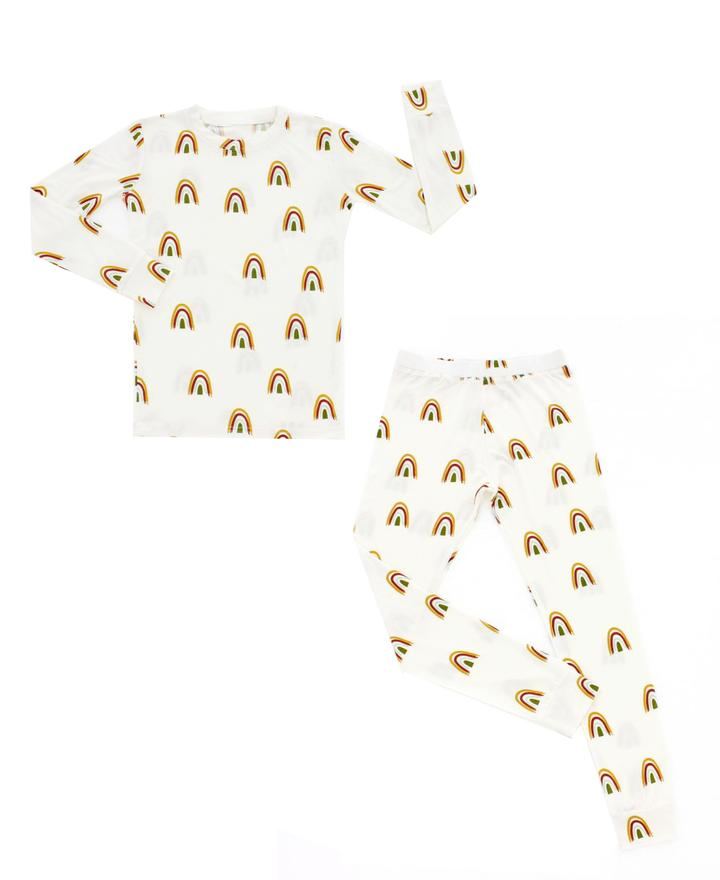 Rainbow bamboo toddler pajamas featuring mod rainbow print, snug fit, eco-friendly fabric.
