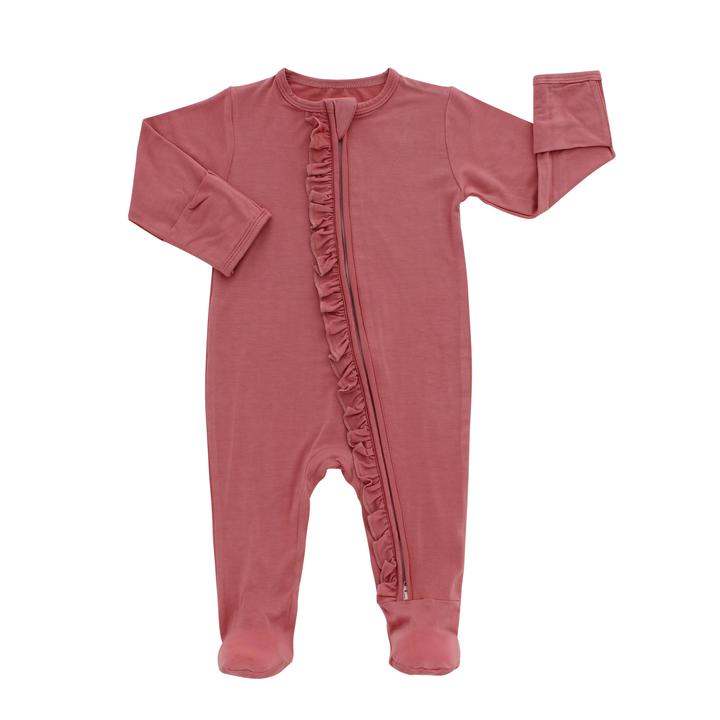 Rose Footed Romper Pajama made from bamboo and spandex with ruffle detail and two-way zipper for easy diaper changes.