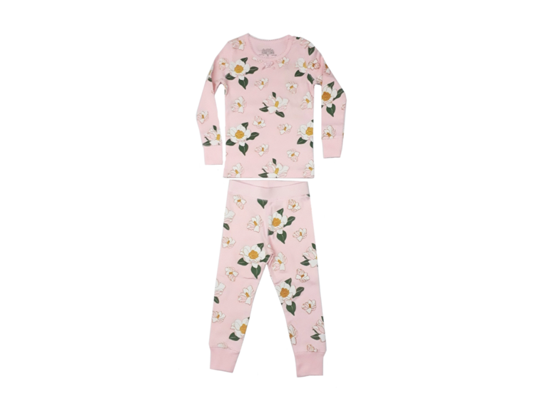 Pink Southern Magnolia Pajamas, long-sleeved, 100% ribbed cotton, floral pattern.
