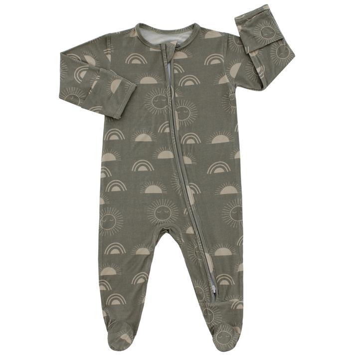 Sunshine Olive Footed Romper Pajama with bamboo blend and two-way zipper design.
