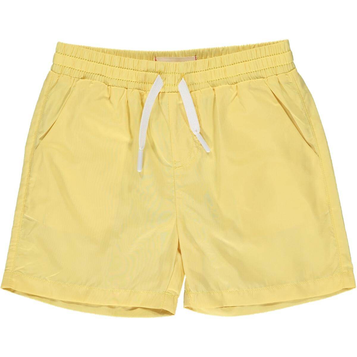 Yellow swim shorts with drawstring, made of 100% cotton, featuring net lining and quick-dry fabric.