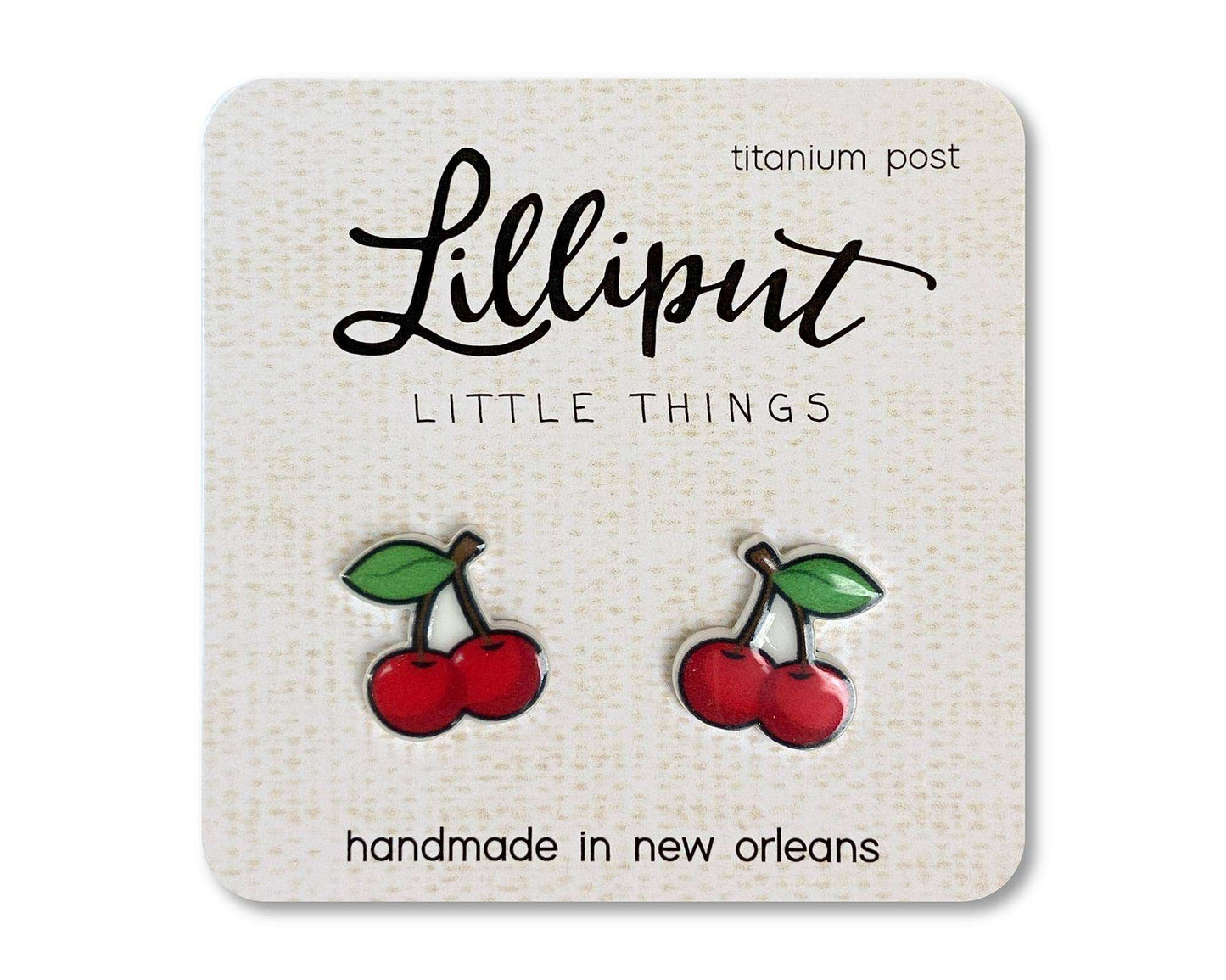 Cherry earrings with titanium posts, hypoallergenic, fade-proof, waterproof, handmade in New Orleans.