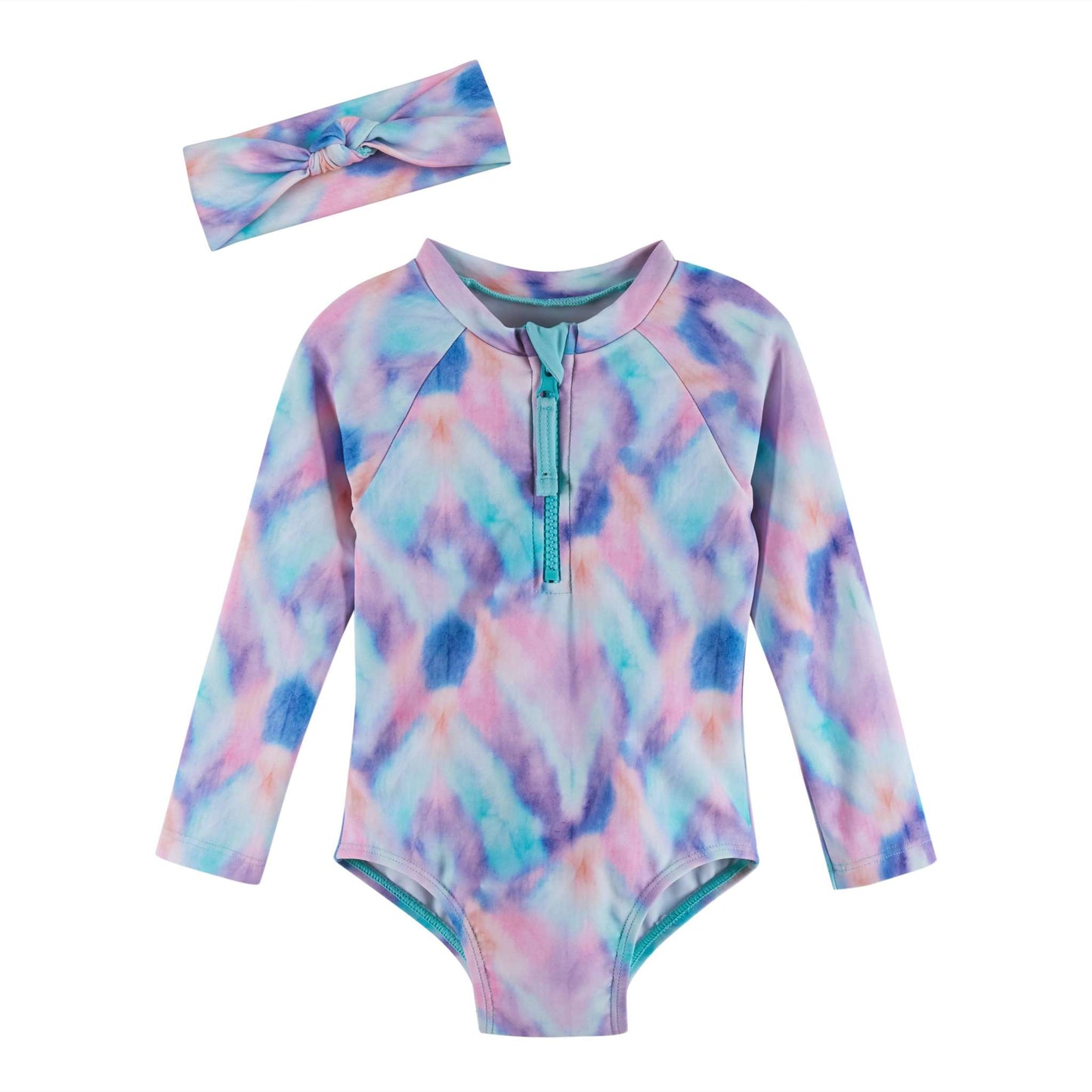 Andy & Evan Girls Rashguard Swim Suit in pastel tie-dye print with matching headband, UPF 50+ protection.
