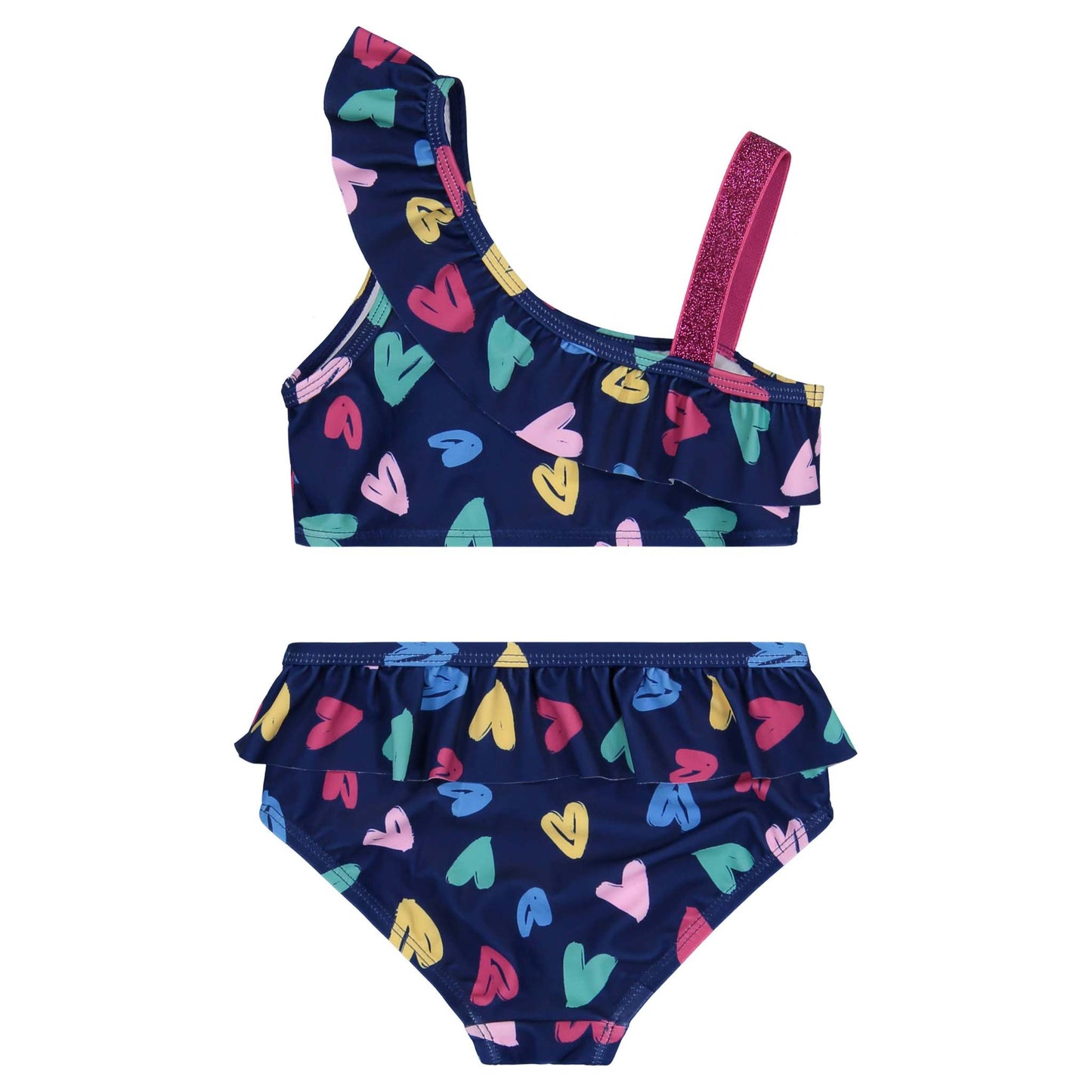 Two piece ruffle bathing suit navy with colorful heart print.