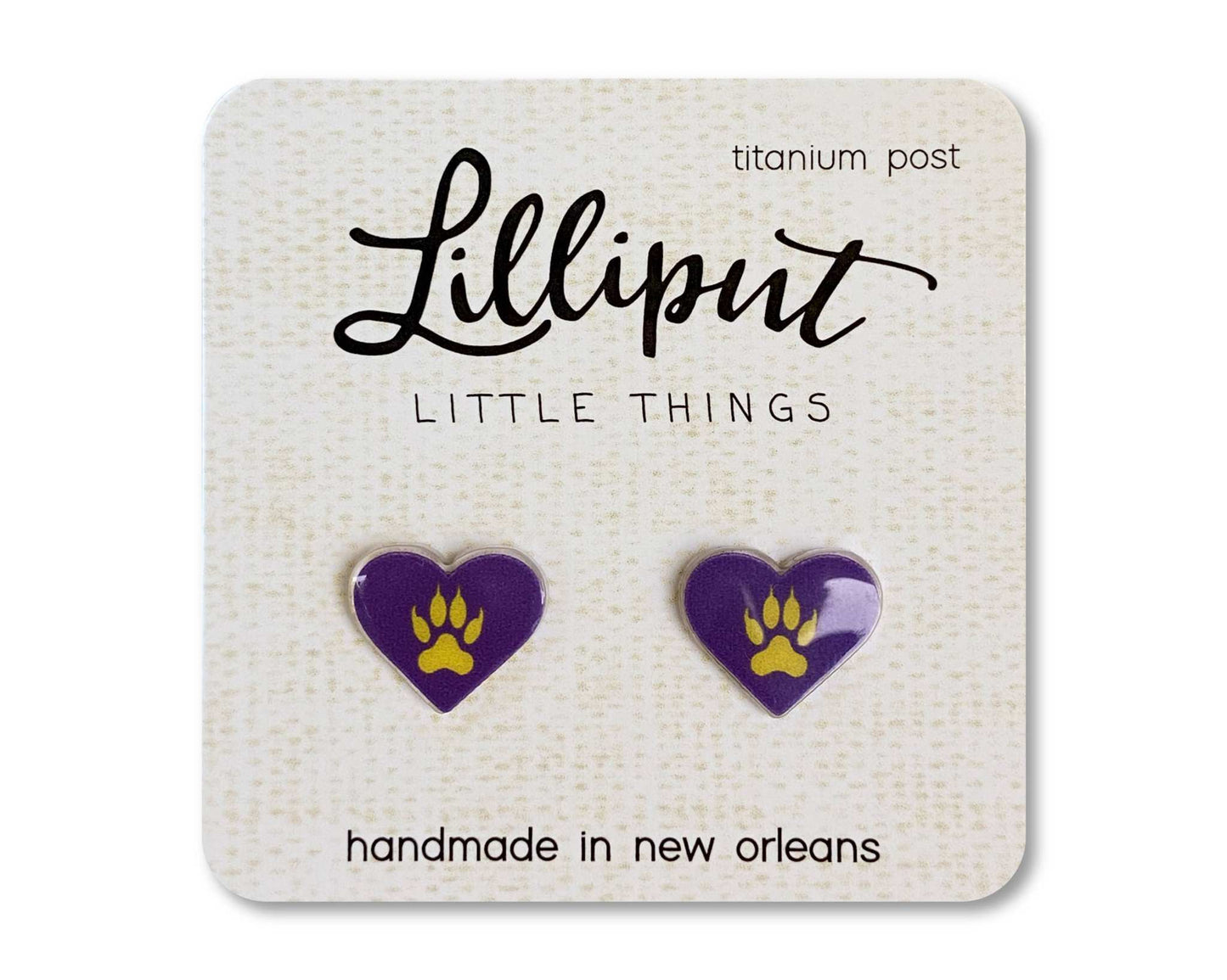 Handmade Lilliput Little Things purple heart-shaped earrings with yellow tiger paw design, titanium posts for sensitive ears, waterproof and fade-resistant.