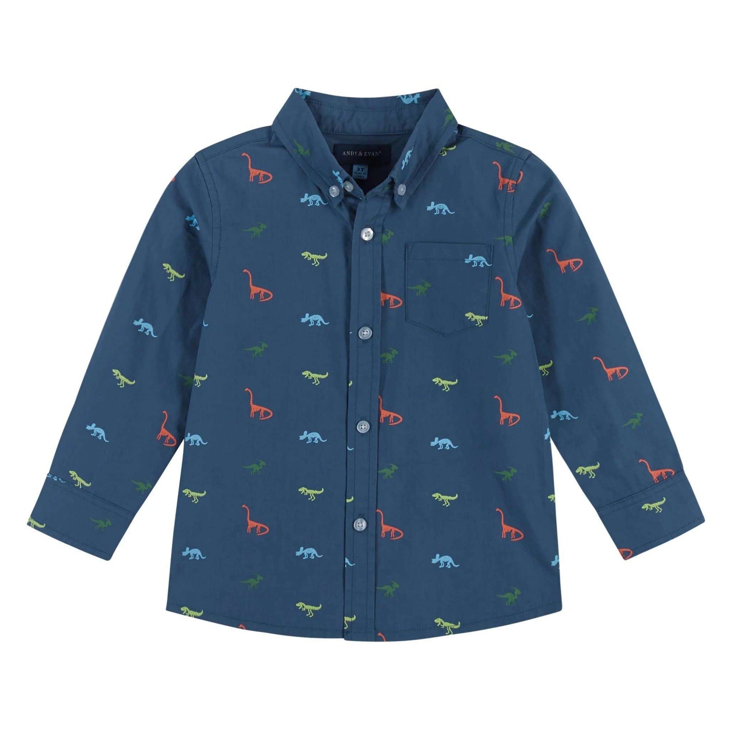 Boys' blue dino button-down shirt by Andy & Evan with fun dinosaur print.