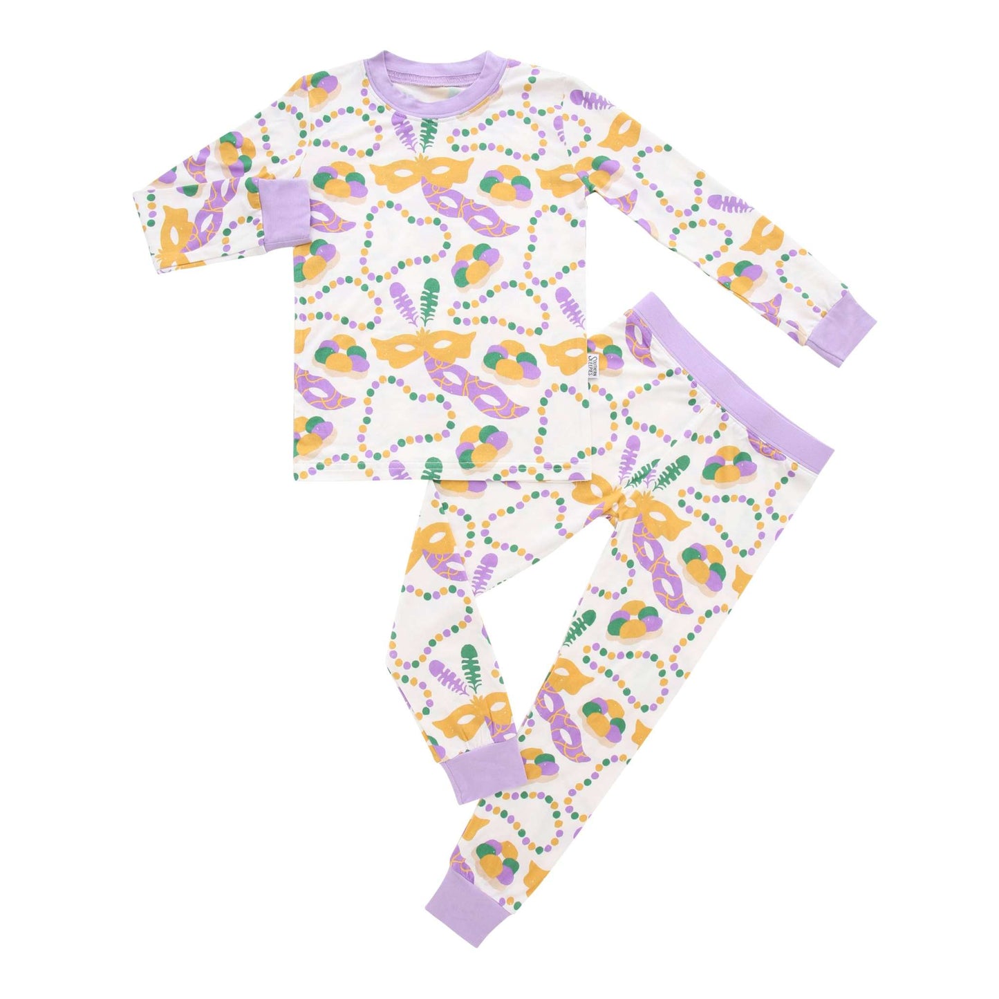 Southern Sleepies Mardi Gras 2 Piece Bamboo Pajama Set with colorful mask pattern and lavender accents.