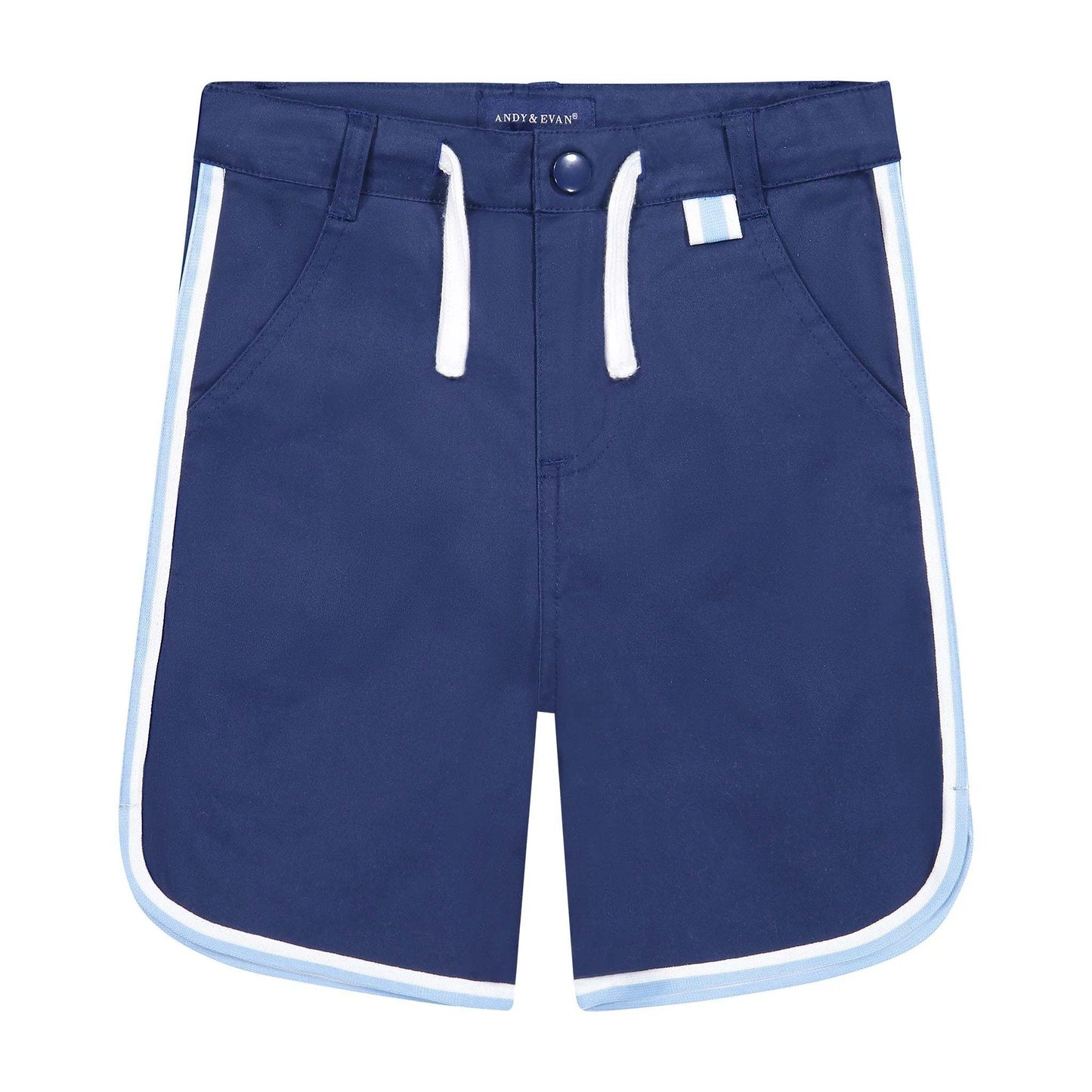 Andy & Evan boys navy piped shorts with side and back pockets.