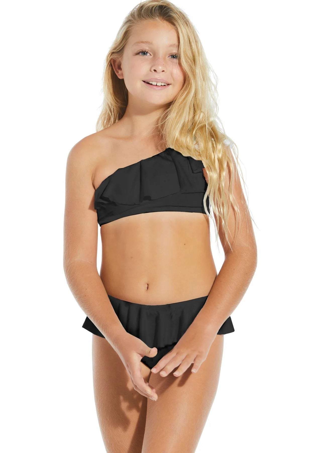 Stella Cove black ruffle bikini for girls, one shoulder design, elegant beachwear.