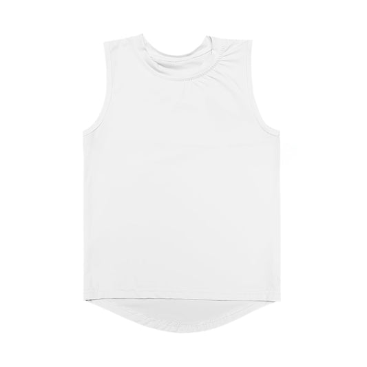 White High Low Kid Tank with sleeveless design and soft breathable fabric.