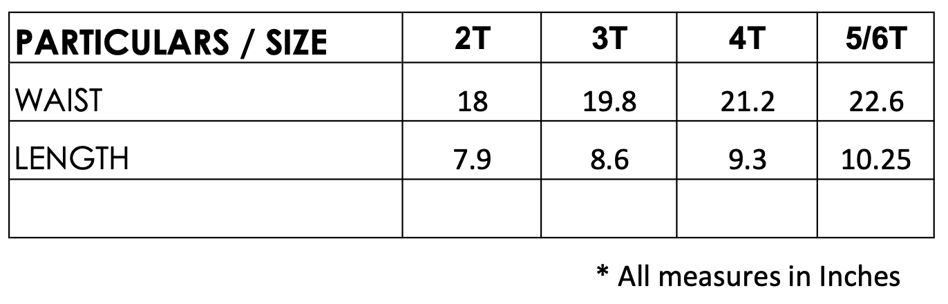 Size chart for youth skort by Mardi Gras Creations, featuring waist and length measurements in inches for sizes 2T to 5/6T.