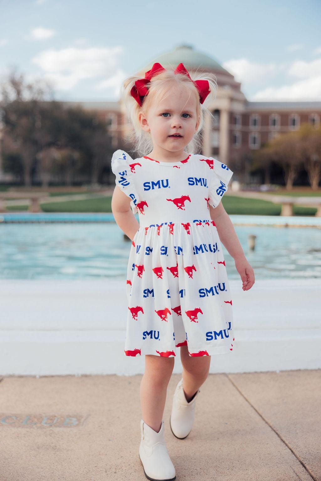 SMU White Mustang Flutter Twirl Dress