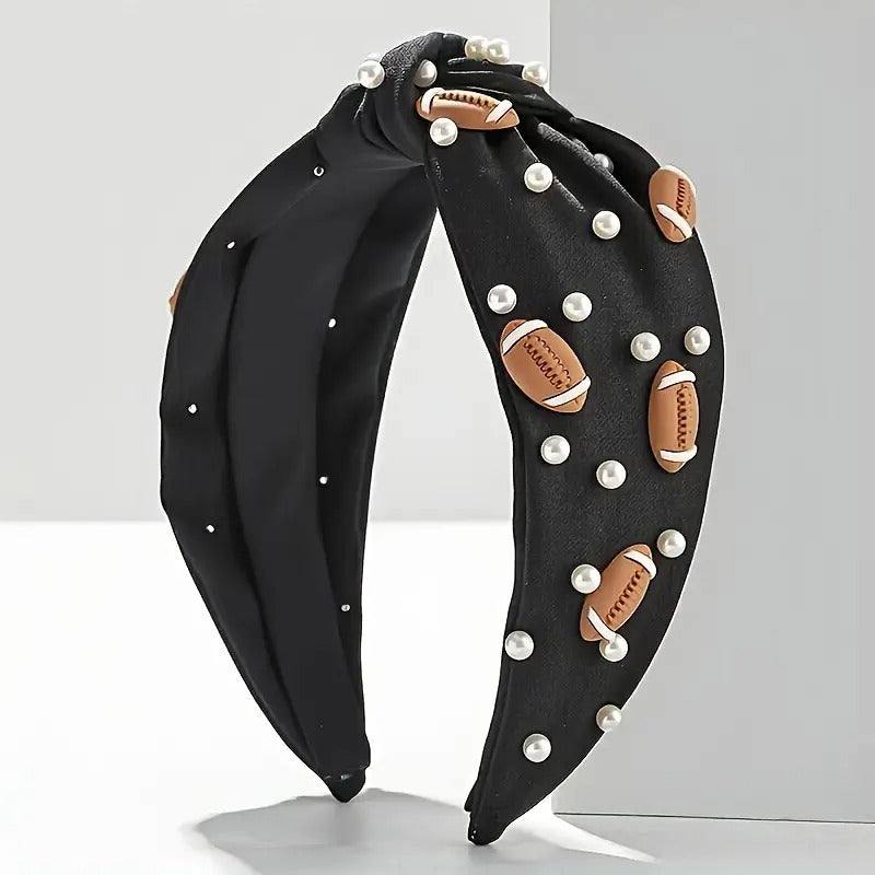 Sporty knotted headband in black with brown football and pearl embellishments for active lifestyle