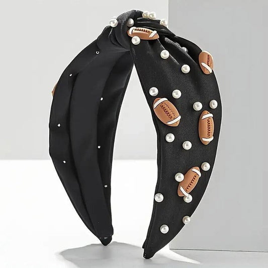 Sporty knotted headband in black with brown football and pearl embellishments for active lifestyle