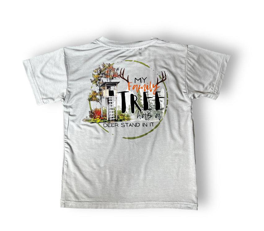Light gray Family Tree Modal Shirt with tree and deer stand design and "My family tree has a deer stand in it" text.