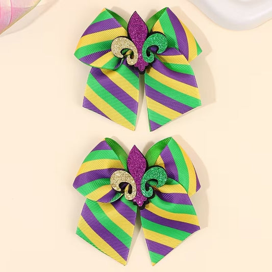 2pc Mardi Gras Fleur De Lis Hair Bow Clips – Classic Stripe