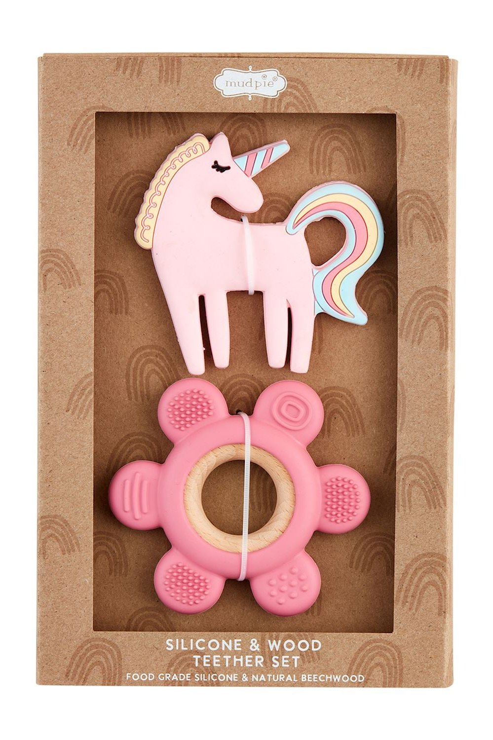Unicorn and flower teether set front view