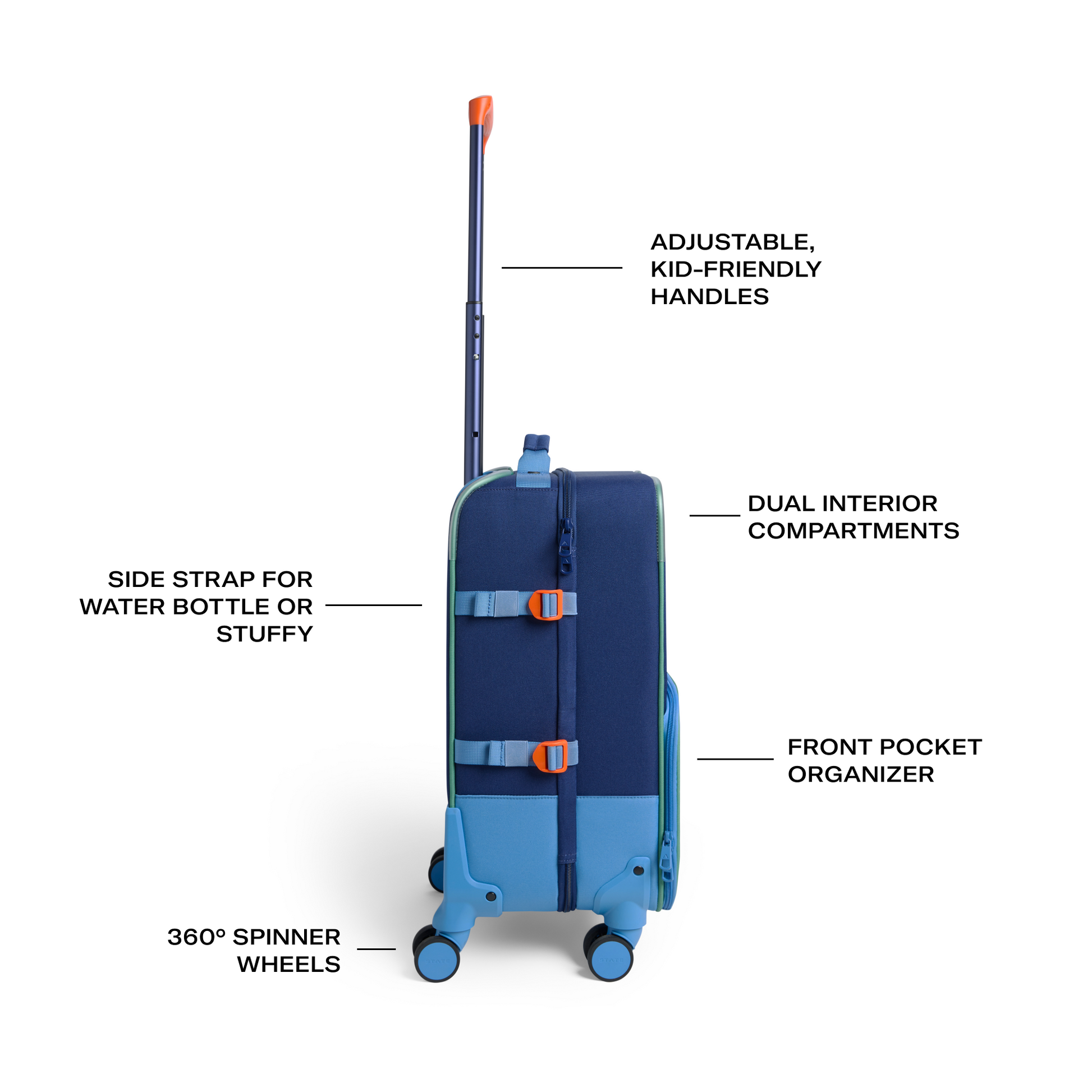 Logan Carry-On Suitcase in Green/Blue/Orange, side detail