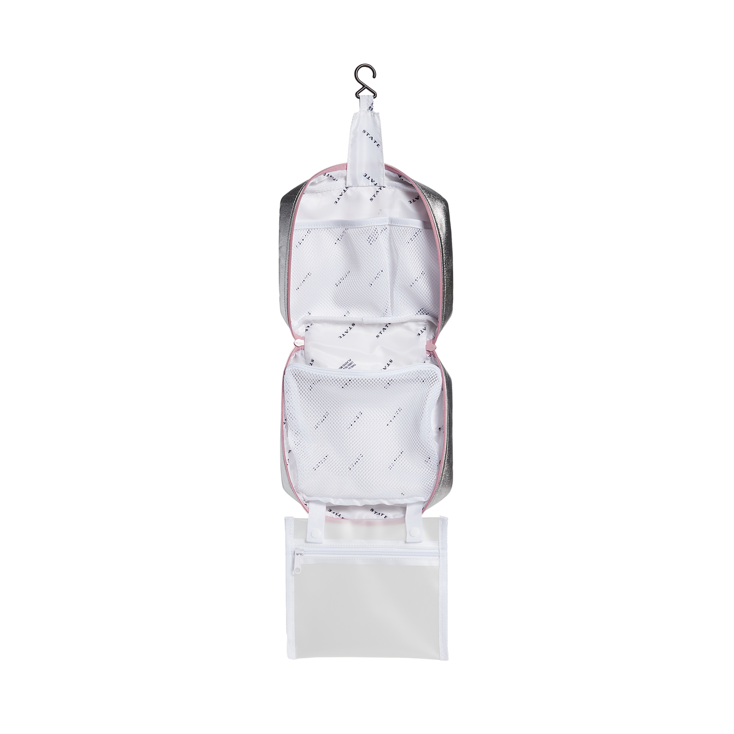 Bensen Toiletry Kit in Pink/Silver, zip detail