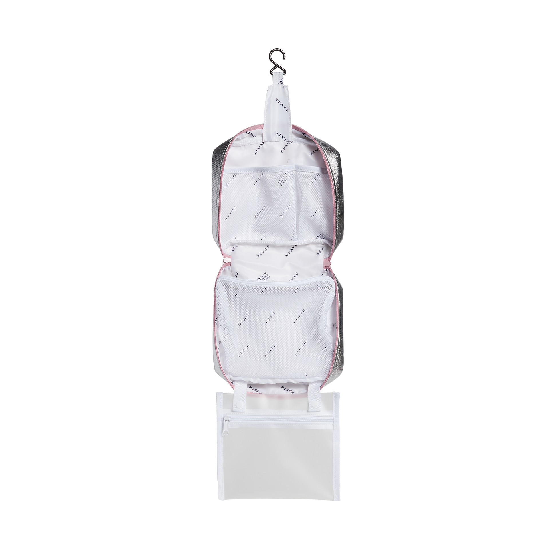 Bensen Toiletry Kit in Pink/Silver, zip detail