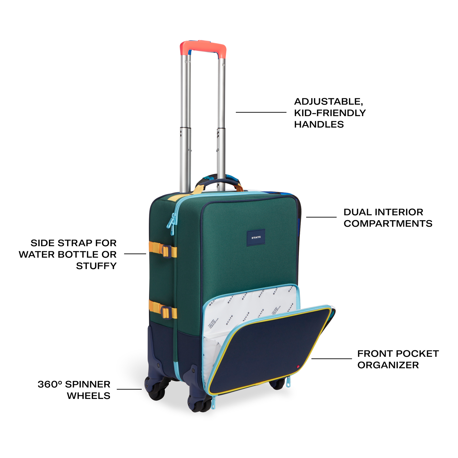 Logan Carry-On Suitcase in Green/Navy, side detail