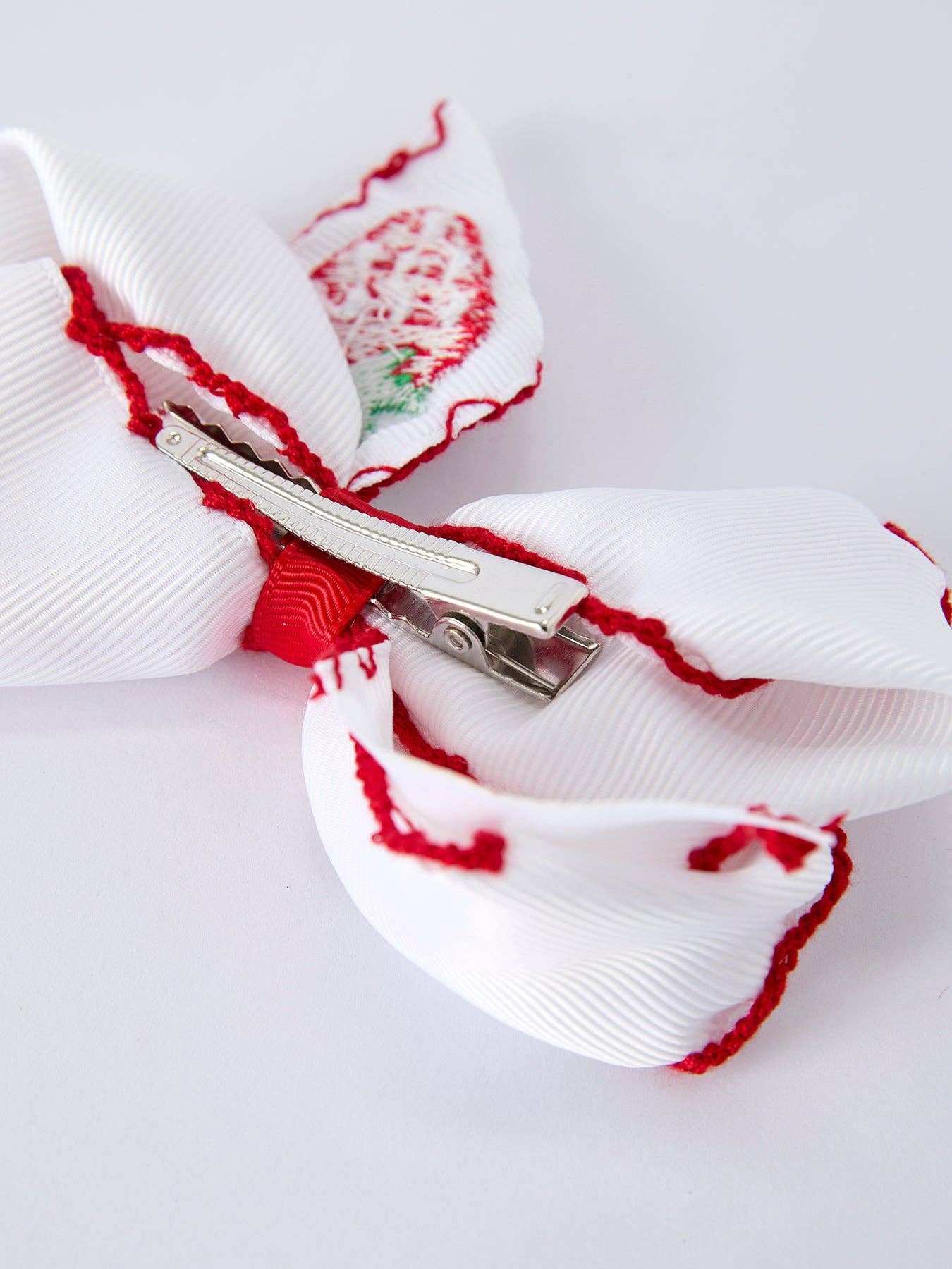Strawberry embroidered white hair bow styling detail