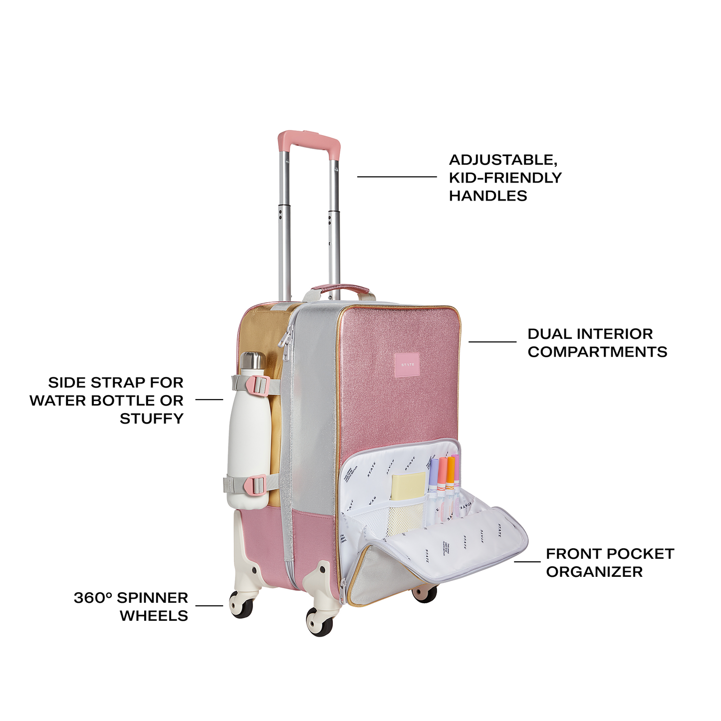 Logan Carry-On Suitcase in Pink/Silver, side detail