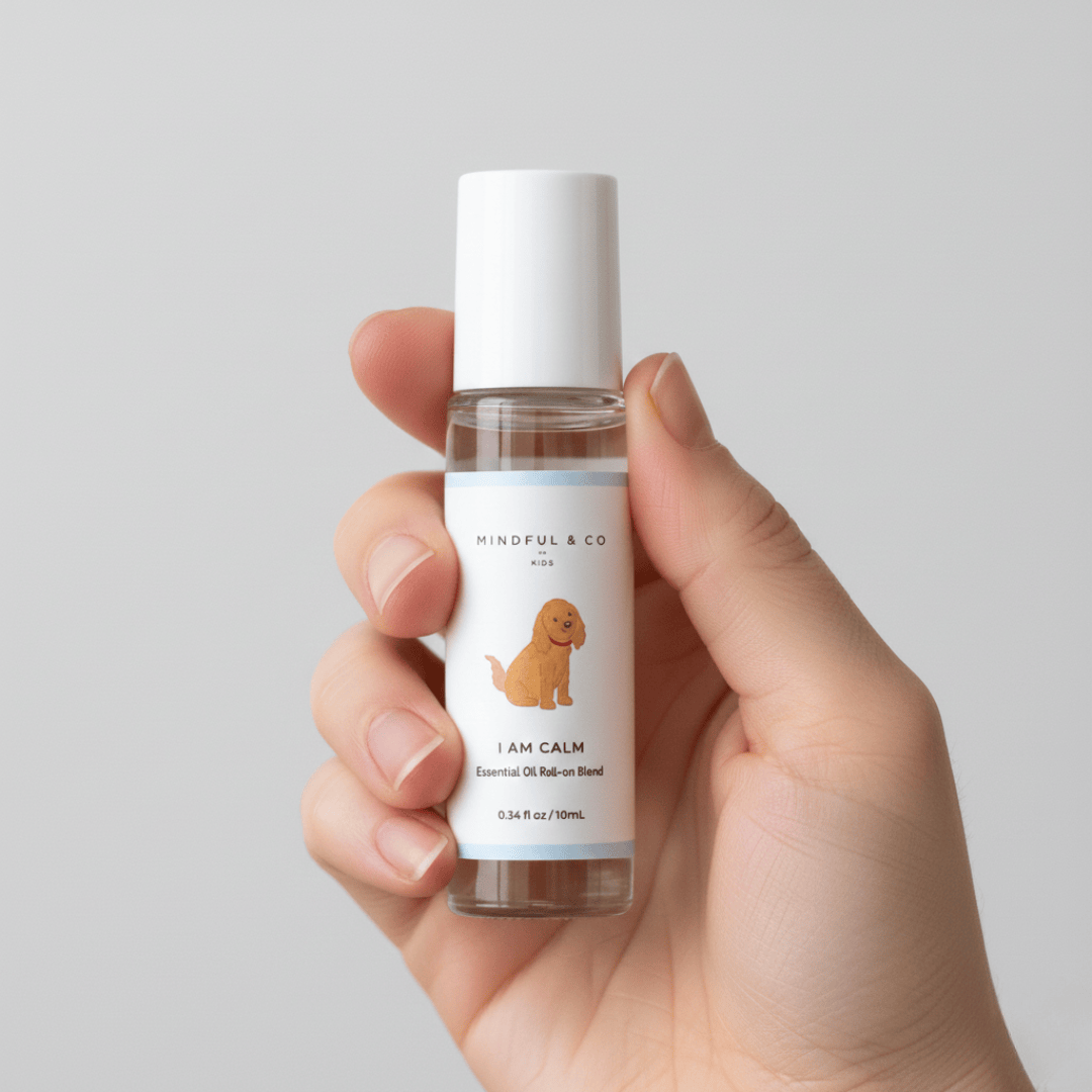 Calming essential oil roller label close-up