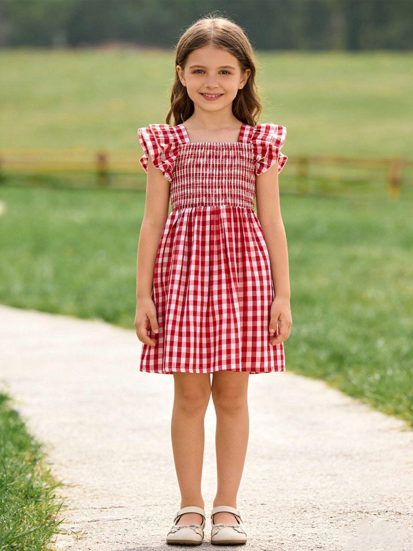 Summer Plaid Smocked Ruffle Girl Dress Sibling Outfits front view