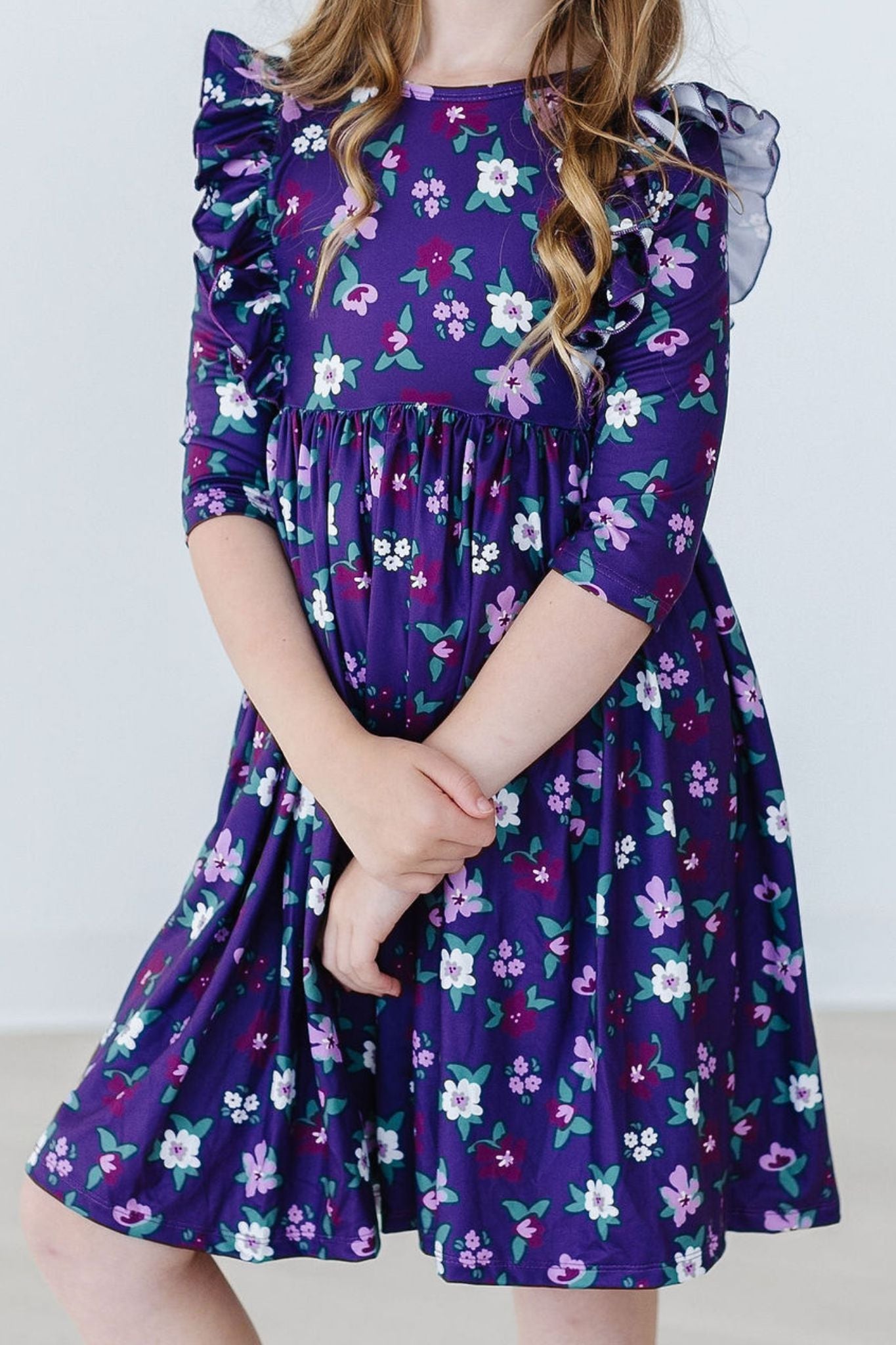 Violets in Bloom 3/4 Sleeve Ruffle Twirl Dress