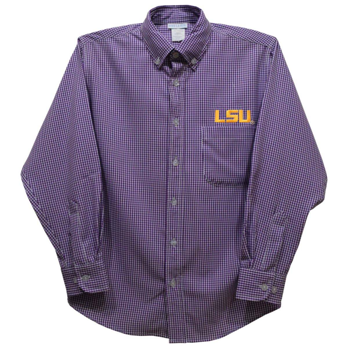 Vive La Fete LSU Tigers purple gingham long sleeve button-down shirt with embroidery and chest pocket