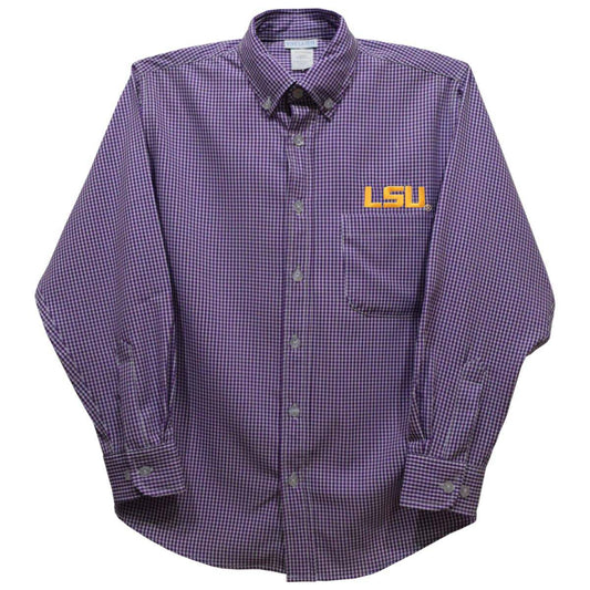Vive La Fete LSU Tigers purple gingham long sleeve button-down shirt with embroidery and chest pocket