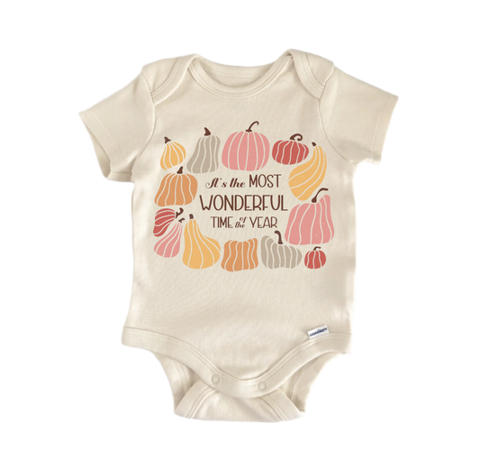 Wonderful Fall Pumpkin Newborn Baby Onesie front view
