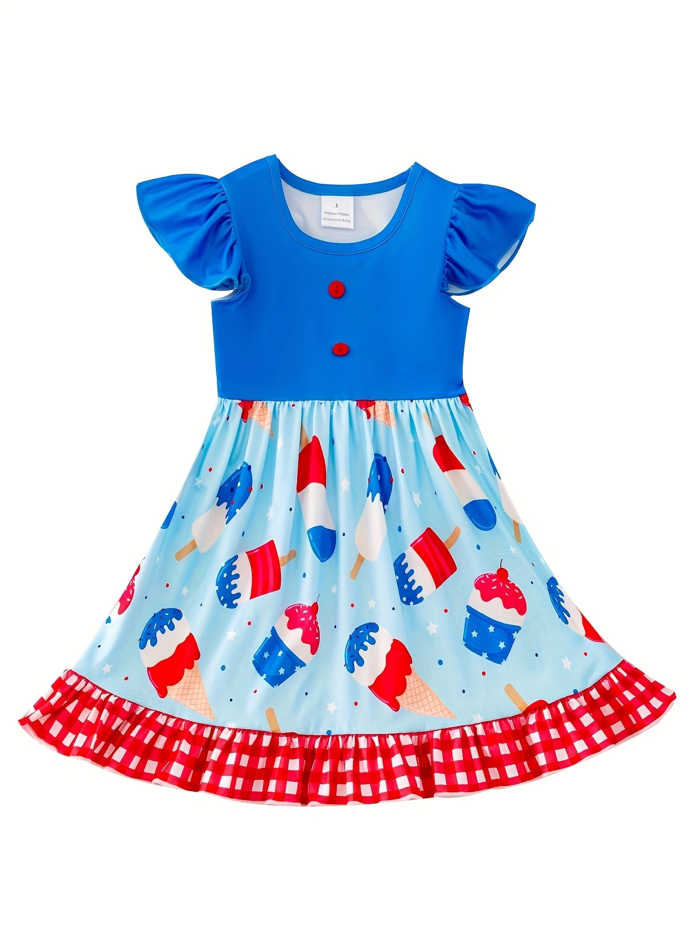 4th of july Ice Cream Print Plaid Girls Ruffle Dress