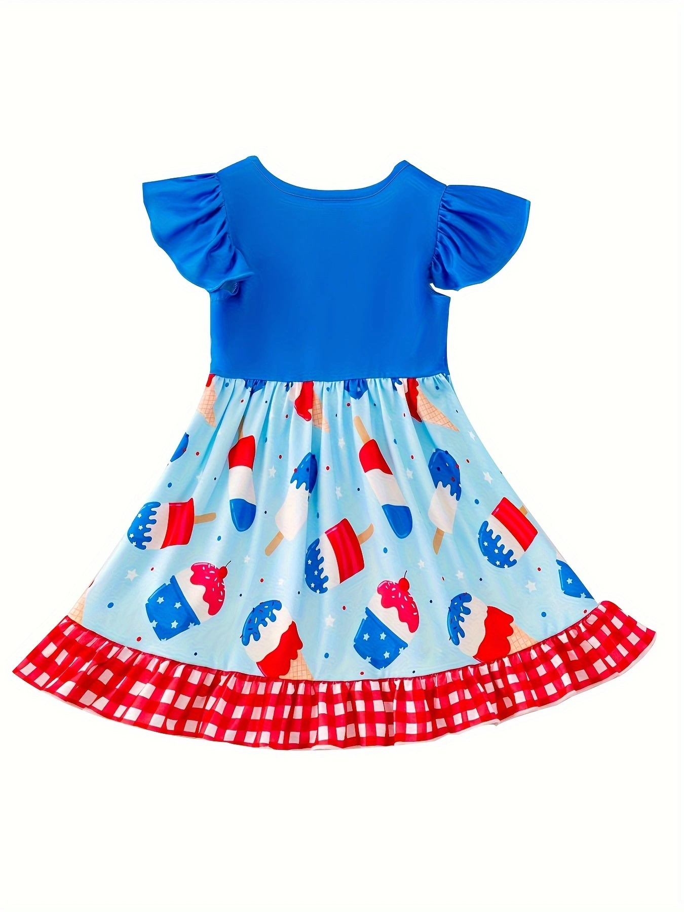 4th of july Ice Cream Print Plaid Girls Ruffle Dress